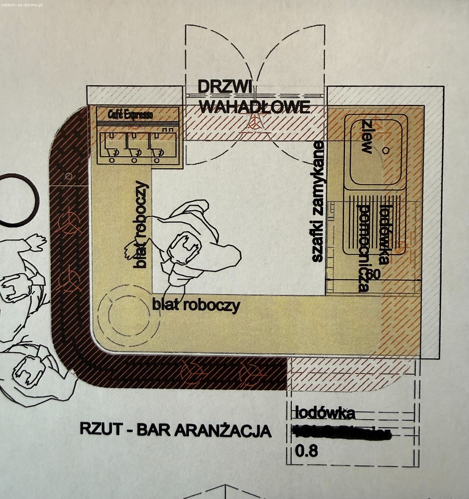 ZABUDOWA BARU do oddania za darmo. ZABUDOWA BARU wraz z półkami z przeznaczeniem do pubu, bistro lub jako LADA RECEPCYJNA do salonu kosmetycznego. Wykonanie z płyty laminowanej. Blat roboczy mebla niższy szeroki i blat barowy na wysokości 120 cm. Pod blatem roboczym szafki z półkami i szuflady oraz miejsce na zlew i ew. kostkarkę. Zabudowa jest częściowo zdemontowana.

Orientacyjne całkowite wymiary bez półek wiszących:
szer. 263 cm x wys. 120 cm x głęb. 190 cm
Półki do zamontowania w dowolnym miejscu.
Szczegółowy projekt do udostępnienia.

Przy wykorzystaniu w gastronomii możliwa także sprzedaż witryny chłodniczej samoobsługowej (widoczna na zdjęciu) pasującej do mebla.

Odbiór osobisty z okolic Warszawy.